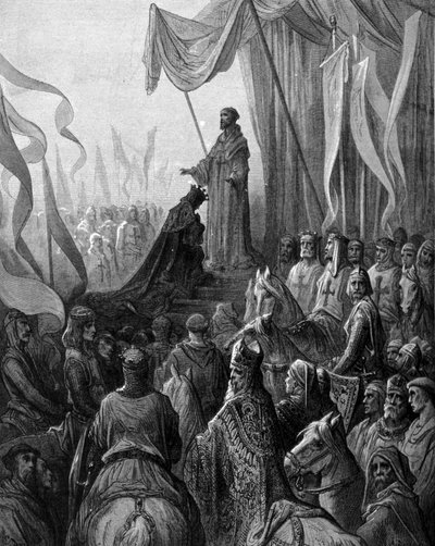 Louis VII (1120 - 1180) kneeling before St. Bernard of Clairvaux in Vezelay. Engraving by Gustave Doré. 19th century by Gustave Dore