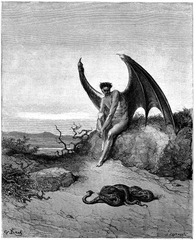 Lucifer Meets the Serpent. Illustration by Gustave Dore for 