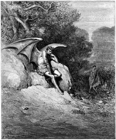 Lucifer (Satan, Fallen Angel, Fell from Heaven to Earth) Reflecting by Perverting Adam and Eve. Illustration by Gustave Dore for 