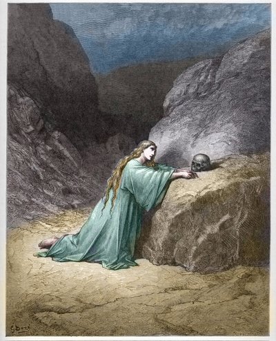 Mary Magdalene repentant - engraving in The Bible illustree by Gustave Dore - Engraving from The Dore Bible by Gustave Dore