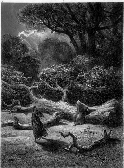 Merlin and Viviane in the Broceliande Forest (Cycle of the Knights of the Round Table) - in “Viviane” by Alfred Tennyson, illustration by G. Doré by Gustave Dore