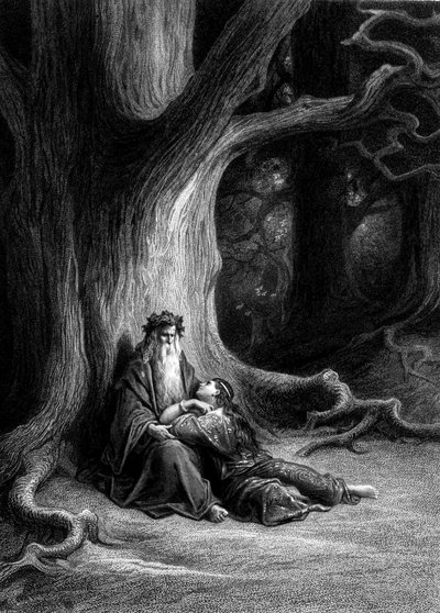 Merlin and Viviane in the Broceliande Forest (Cycle of the Knights of the Round Table) - in “Viviane” by Alfred Tennyson, illustration by G. Doré by Gustave Dore