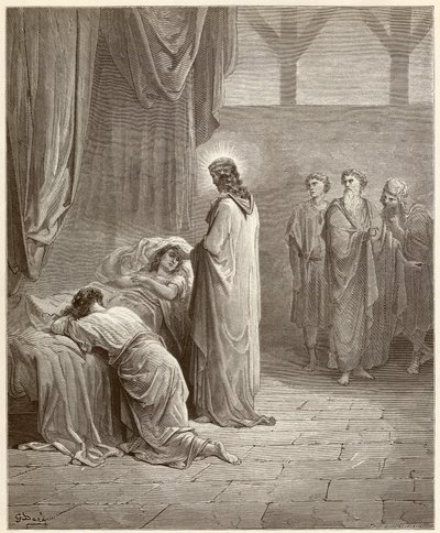 Miracle: Jesus Christ healed the daughter of Jaire (Jairus or Jairos). Engraving from the Bible illustrated by Gustave Dore (1832-1883) by Gustave Dore