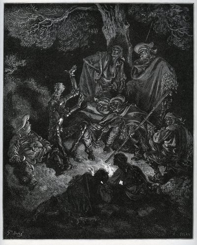Night Light Where Don Quixote Tells the Story of the World to the Goats and Sancho Panza by Gustave Dore