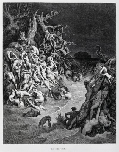 Noah and His Ark Escape as the Great Flood Envelopes the Earth, Illustration from the Dore Bible by Gustave Dore