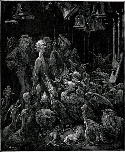 On Sonnante Island, Panurge makes birds sing by sounding the bells - illustration by Gustave Dore for complete works by Francois Rabelais - Fifth Book - Pantagruel by Gustave Dore