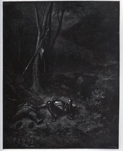 One of the fugitives, Gines de Passamont, steals the donkey from Sancho Panza during the sleep of the two travellers - from 