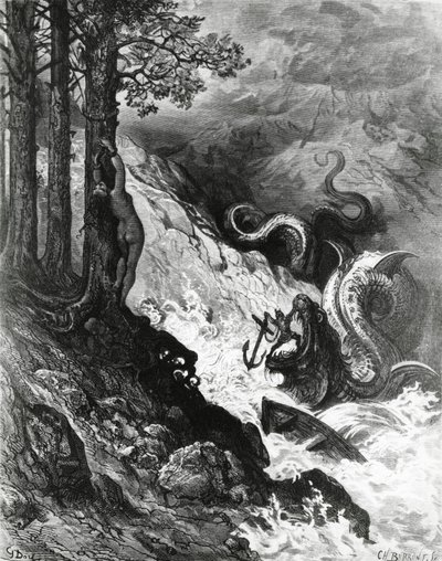 Orlando fights against the orc, from The Frenzy of Orlando, by Paul Gustave Dore, illustration by Gustave Dore