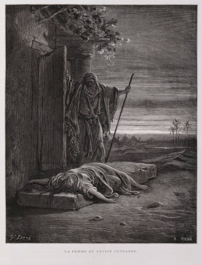 Outrage at Gibeah, the Levite carries his dead concubine away, Illustration from the Dore Bible by Gustave Dore