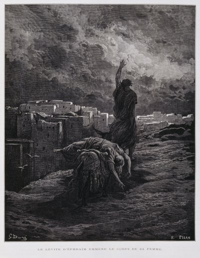 Outrage at Gibeah, the Levite Carries His Dead Concubine Away, Illustration from the Dore Bible by Gustave Dore