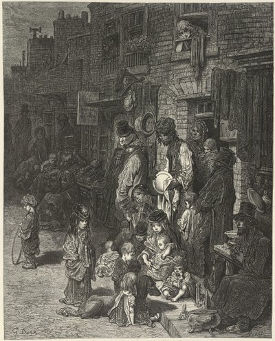 People standing and sitting outside their houses, in a street, from 