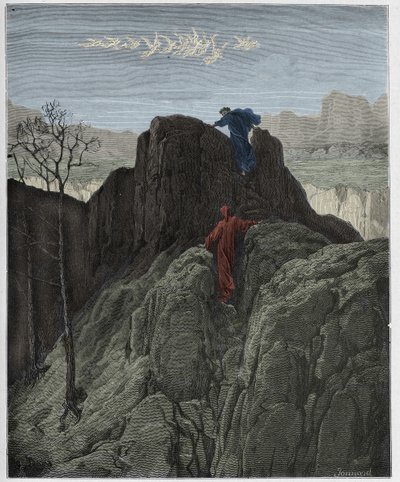 Purgatorio, Canto 4: Virgil leads Dante up the rugged mountainside (illustration from The Divine Comedy by Dante Alighieri) by Gustave Dore