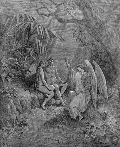 Raphael talks to Adam and Eve. Illustration for John Milton