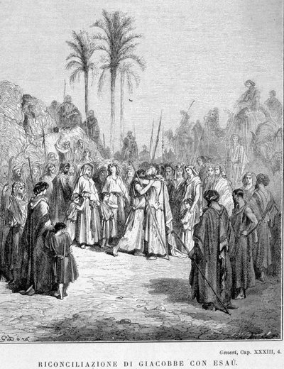 Reconciliation of Jacob and Esau. Genesis, XXXIII, 4. Illustration of Gustave Doré by Gustave Dore