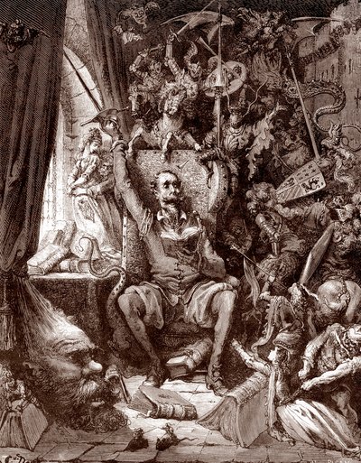 Representation of Don Quixote in his library surrounded by the creatures of his books Engraving by Gustave Dore for L