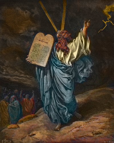 Representation of Moses with the new Tablets of the Law on Mount Sinai - engraving by Gustave Dore (1832-1883) - later colouring by Gustave Dore