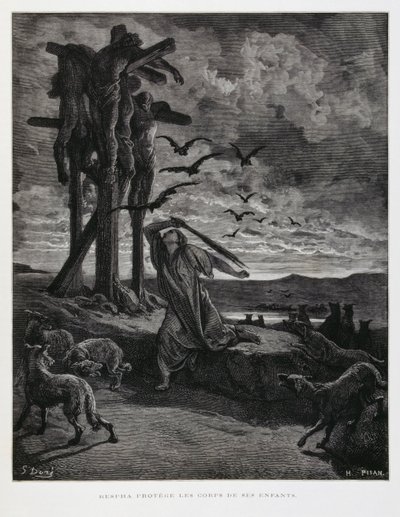 Rizpah Prevents Wild Beasts from Desecrating Bodies of Her Dead Sons, Illustration from the Dore Bible by Gustave Dore