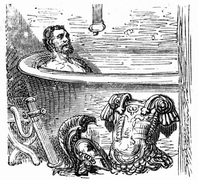 Roman soldier bathing at the thermal baths of Bagneres de Bigorre: engraving by Gustave Dore illustrating the book "Voyage aux Pyrenees" by Hippolyte Taine, Hachette 1860 by Gustave Dore