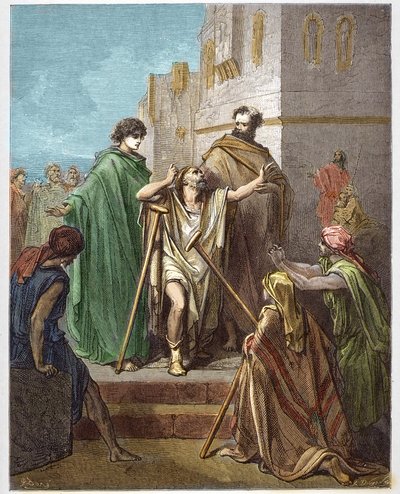 Saint Peter and Saint John healing a lame man - engraving in “The Bible Illustrated” by Gustave Dore - Engraving from “The Dore Bible” by Gustave Dore