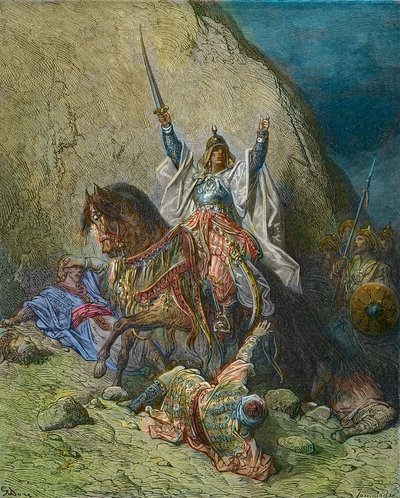Saladin the Magnificent - King Saladin (Salah al Din Yusuf al-Ayyubi) commander of the Muslim forces against the crusades - 19th century colour engraving by Gustave Dore - from History of the Crusades by Joseph-Francois Michaud by Gustave Dore
