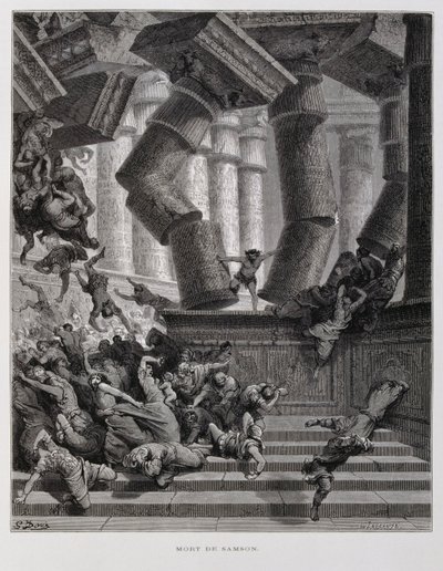 Samson destroys the temple of Baal, Illustration from the Dore Bible by Gustave Dore