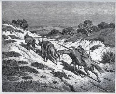 Sancho Panza, Don Quixote and Their Mounts After Their Defeat Against the Yangers by Gustave Dore