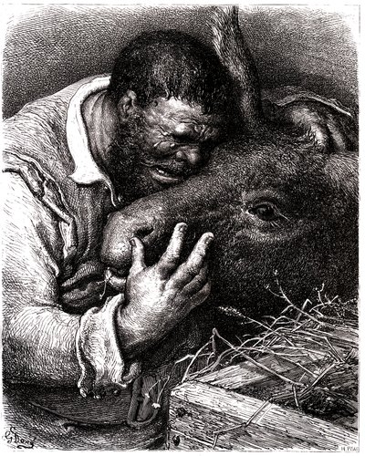 Sancho Panza cries while kissing his donkey by Gustave Dore