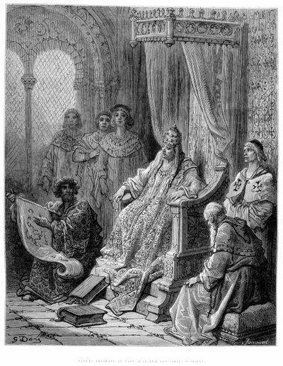 Sanuto presents to Pope John XXII the maps of Orient - engraving by Gustave Dore