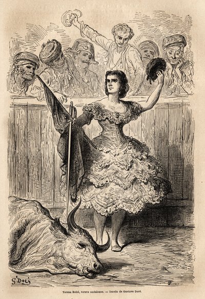 Scene of bullfighting: the triumph of Teresa Bolsi, Andalusian bullfighter, saluting the assembly that acclaim her in Seville. Sketch taken on the live by Gustave Dore (1832-1883). Engraving to illustrate the voyage in Spain, in 1862 by Charles Davillier a by Gustave Dore