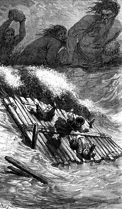 Sindbad the sailor (Sinbad) - tale of the thousand and one (1001) nights - illustration by Gustave Dore - Maxwell edition 1865 - Third voyage: Sindbad and his companions having taken sea aboard a raft are pursued by giants who throw huge stones at them by Gustave Dore