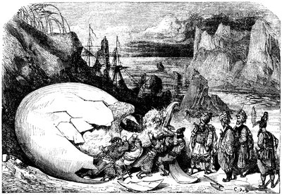 Sindbad the sailor - tale of the thousand and one nights - illustration by Gustave Dore - Maxwell edition 1865 - Fifth voyage: the merchants accompanying Sindbad break the shell of a gigantic egg of the bird giant Roc to extract a huge baby by Gustave Dore