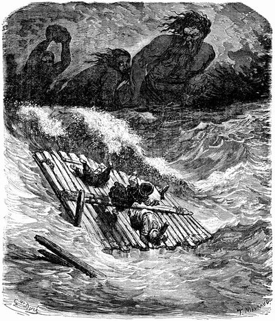 Sindbad the Sailor (Sinbad) - Tale of the Thousand and One Nights - Illustration by Gustave Dore - Edition Maxwell 1865 - Third Voyage: Sindbad and His Companions Pursued by Giants Who Throw Huge Stones at Them by Gustave Dore