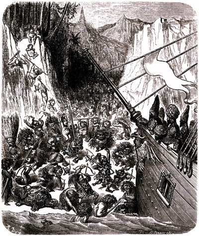 Sindbad the Sailor (Sinbad) - Tale of the Thousand and One (1001) Nights - Illustration by Gustave Dore - Third Voyage: A Tempest Throws the Ship of Sindbad and His Companions on an Island Where They Are Assaulted by a Multitude of Tiny and Hideous Beings by Gustave Dore