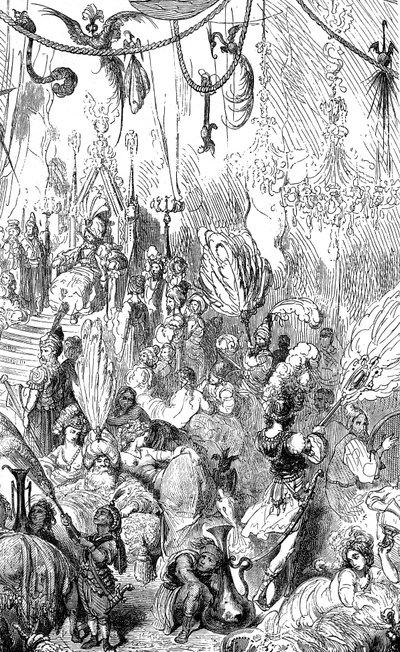 Sindbad the Sailor (Sinbad) - Tale of the Thousand and One (1001) Nights - Illustration by Gustave Dore - Maxwell Edition 1865 - Sixth Voyage - This Engraving Can Represent the Court of the King of Serendib or That of the Caliph Haroun al-Rashid (Harun al by Gustave Dore