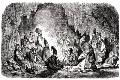 Sindbad the sailor - tale of the thousand and one nights - illustration by Gustave Dore - Maxwell edition 1865 - First voyage: Sindbad, abandoned in the middle of the sea by his companions, reached an island and met in a cave the palefrenie by Gustave Dore