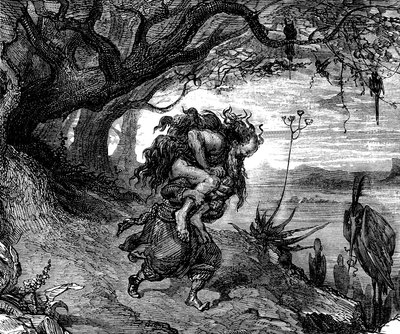 Sindbad the sailor (Sinbad) - tale of the thousand and one nights (1001) - illustration by Gustave Dore (detail) - edition Maxwell 1865 - Fifth voyage: Sindbad is forced to wear on his shoulder an old man who clings to him and from whom he can no longer un by Gustave Dore