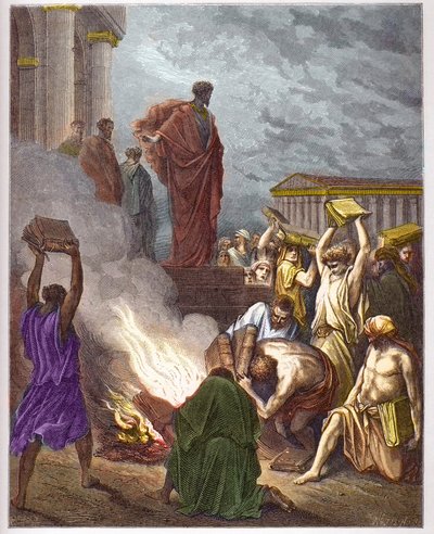 St Paul at Ephesus - The Prediction of Saint Paul at Ephesus. Jews who were engaged in exorcism burn the books - engraving in The Bible illustrated by Gustave Dore (1832-1883) - Engraving from The Dore Bible by Gustave Dore