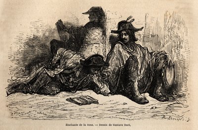 Students of Tuna (or Tunantes) in the District of the University of Alcala de Henares, Sketch by Gustave Dore. Engraving to Illustrate the Voyage by Gustave Dore