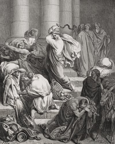 The Buyers and Sellers Driven Out of the Temple, Luke 19:45-46, illustration from Dore