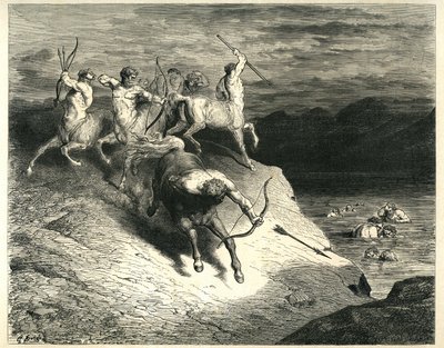 The Centaurs throw arrows against damns coming out of the Styx marshes. Engraving from The Hell by Dante Alighieri (the Divine Comedie) illustrated by Gustave Dore. French edition of 1861 by Gustave Dore