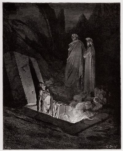 The Divine Comedy, Inferno, Canto 10: Farinata degli Uberti addresses Dante - by Dante Alighieri (1265-1321) - Illustration by Gustave Dore (1832-1883) by Gustave Dore