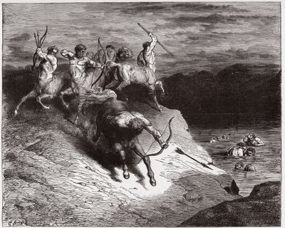 The Divine Comedy, Inferno, Canto 12: The Centaurs Attack the Souls in Boiling Blood - by Dante Alighieri (1265-1321) - Illustration by Gustave Dore (1832-1883) by Gustave Dore