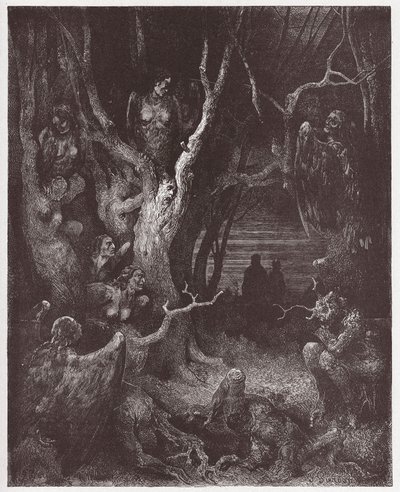 The Divine Comedy, Inferno, Canto 13: The Harpies in the forest of suicides - by Dante Alighieri - Illustration by Gustave Dore by Gustave Dore