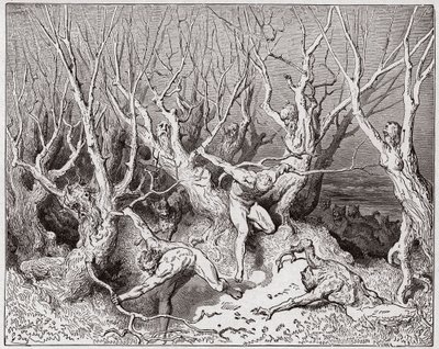 The Divine Comedy, Inferno, Canto 13: The suicides flee the forest - Illustration by Gustave Dore (1832-1883) by Gustave Dore