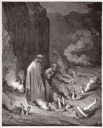 The Divine Comedy, Inferno, Canto 19: Dante rebukes Pope Nicholas III in the fourth bolgia - by Dante Alighieri - Illustration by Gustave Dore by Gustave Dore