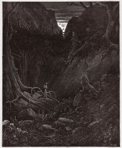 The Divine Comedy, Inferno, Canto 1: The lion suddenly confronts Dante - Illustration by Gustave Dore by Gustave Dore