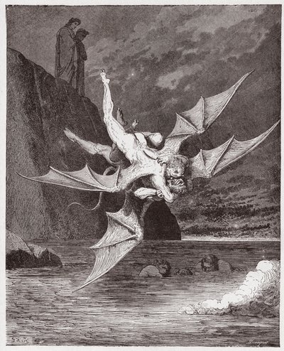 The Divine Comedy, Inferno, Canto 22: Alichino and Calcabrina grapple above the pitch - by Dante Alighieri - Illustration by Gustave Dore by Gustave Dore