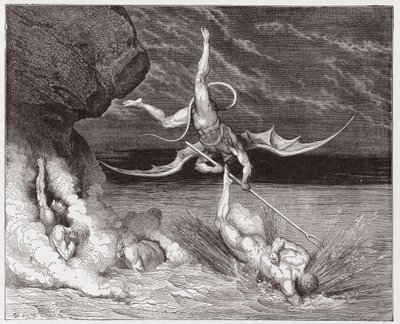 The Divine Comedy, Inferno, Canto 22: Ciampolo escapes the demon Alichino in the fifth bolgia - by Dante Alighieri - Illustration by Gustave Dore by Gustave Dore
