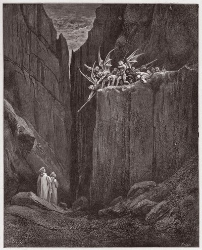 The Divine Comedy, Inferno, Canto 23: The poets escape the demons of the fifth bolgia - Illustration by Gustave Dore by Gustave Dore