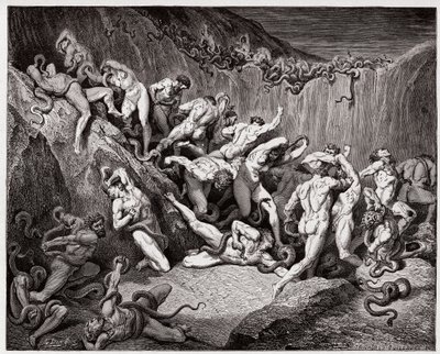 The Divine Comedy, Inferno, Canto 24: The thieves tormented by serpents (Illustration by Gustave Dore) by Gustave Dore